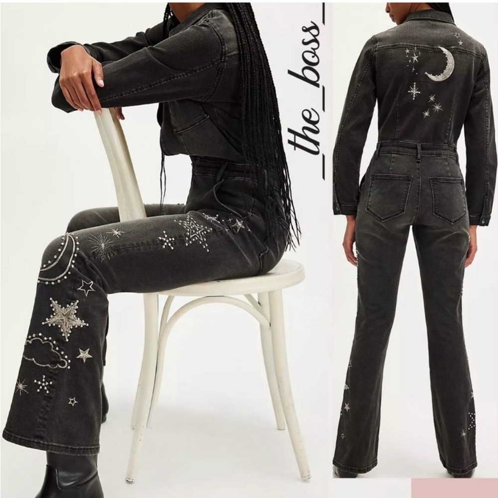 DRIFTWOOD Black Denim Jumpsuit with Star Embroidery